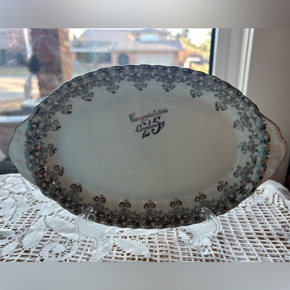 ✨VTG 25th!  “Congrats 25th Anniversary” Royal Albert Silver Bone China Dish 70s